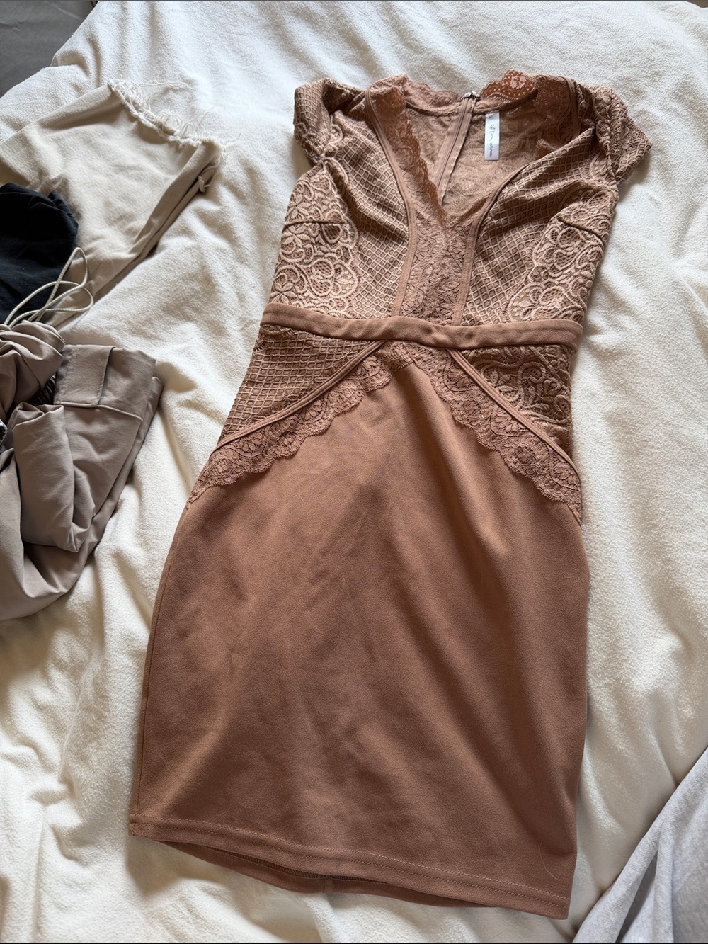 Cap Sleeve Lace-Trim Mini Dress in Brown